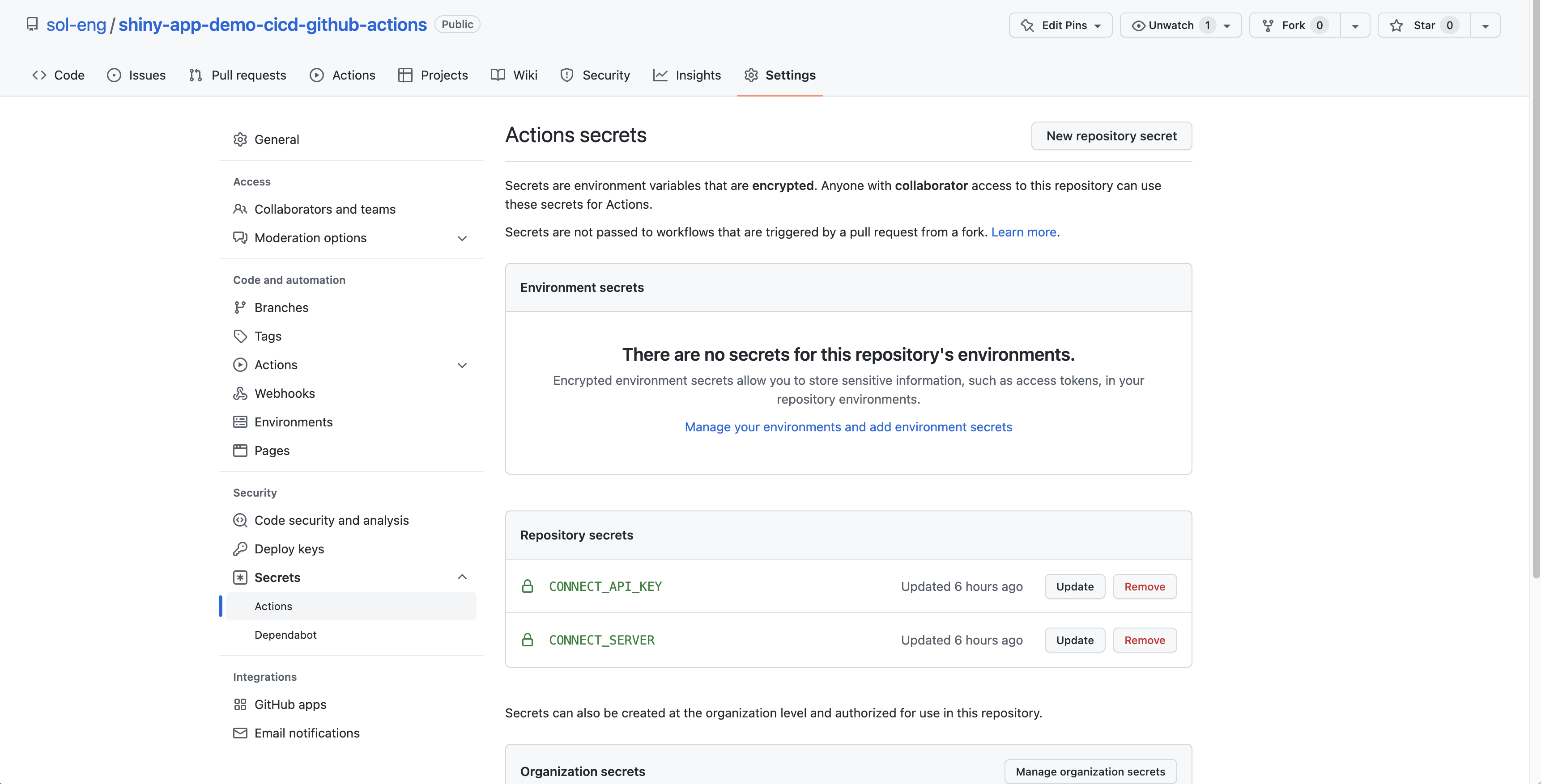 Secrets setting page in GitHub
